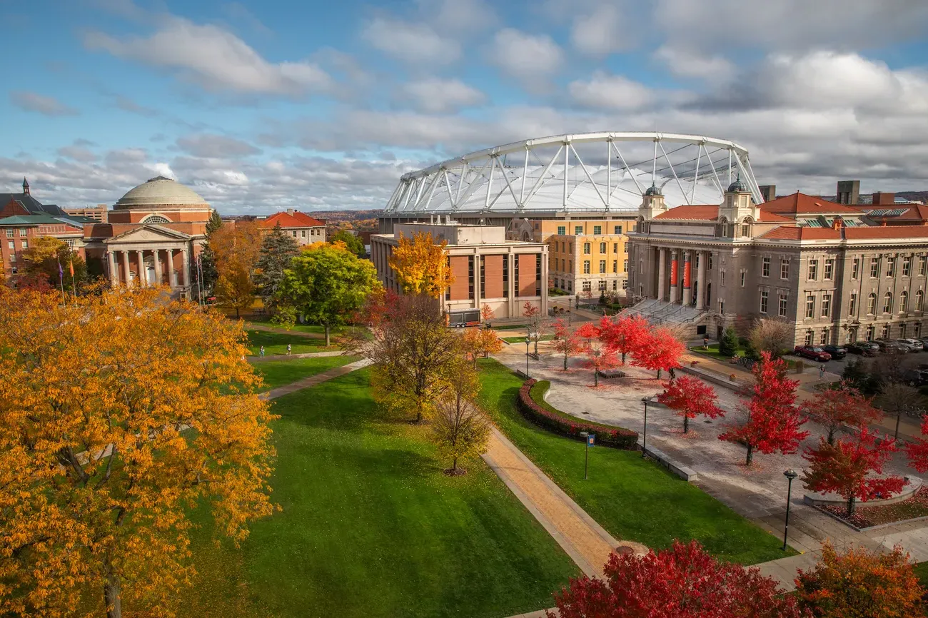 Aerial of buildings on campus during the fall.